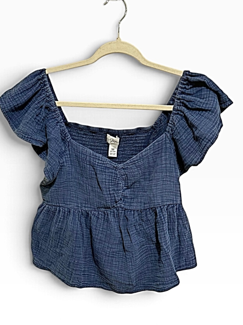 Jopna Blue Off-Shoulder Smocked Peplum Crop Top - Size Medium